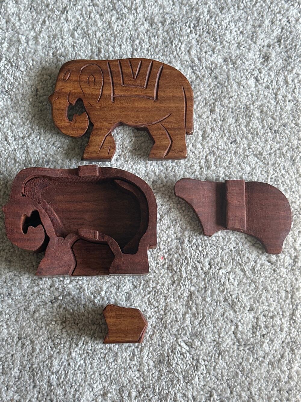 Wooden Elephant Puzzle Trinket Box Made in India.